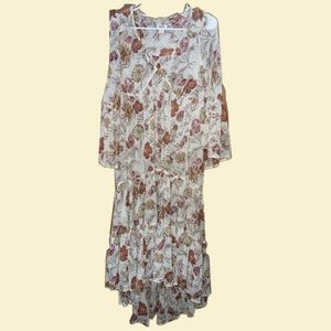 Missimo boho dress, long sleeve, floral, tan sheer, flowy